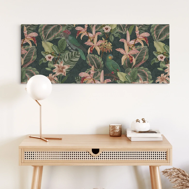 Leinwandbild Dschungel mit Papageien Nachtgrün - Bloomery Decor - Panorama 