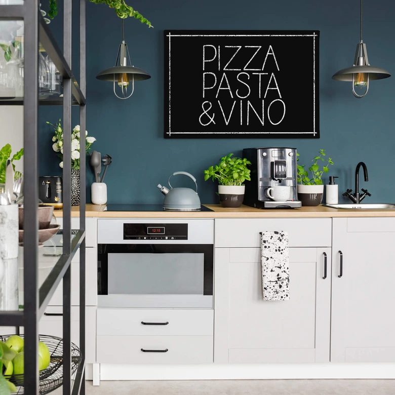 Leinwandbild Pizza Pasta & Vino schwarz 