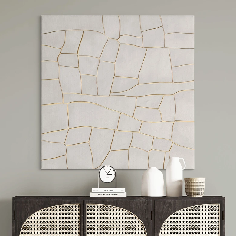 Leinwandbild Abstraktes Rissmuster in Beige | Steinmosaik - Alma - Quadratisch 