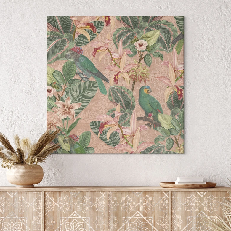 Obraz na płótnie Dżungla z papugami różowy - Bloomery Decor - Kwadratowy 
