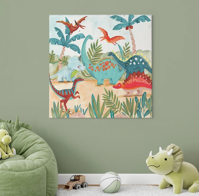 Leinwandbild Farbenfrohe Dinosaurier im Urzeitwald | Kinderzimmer Deko - Bonne Müller - Quadratisch 