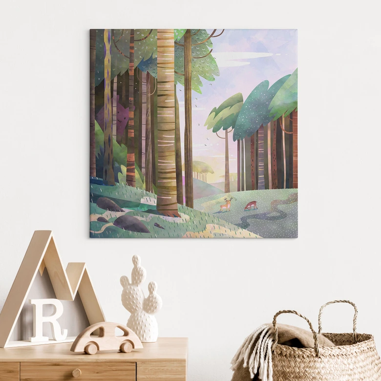 Canvas print Sunny forest with deer - DigitalArtsi 
