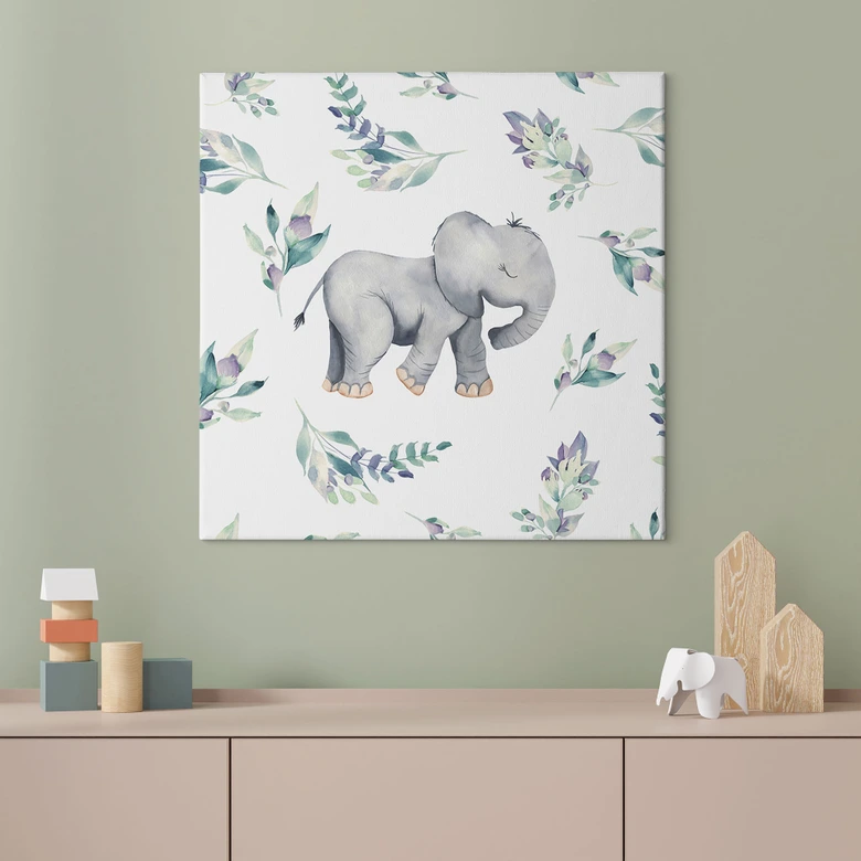 Leinwandbild Niedlicher Babyelefant zwischen Boho-Zweigen - UN Designs - Quadratisch 