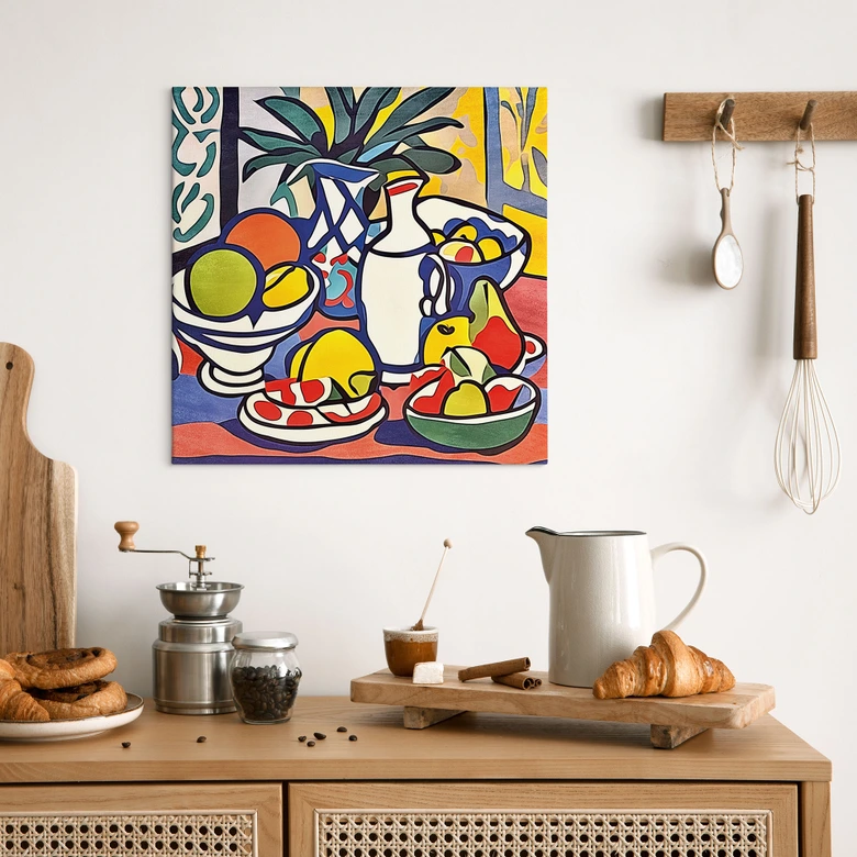 Leinwandbild Milch und Obst - Inspiriert von Matisse - Zamart - Quadratisch 