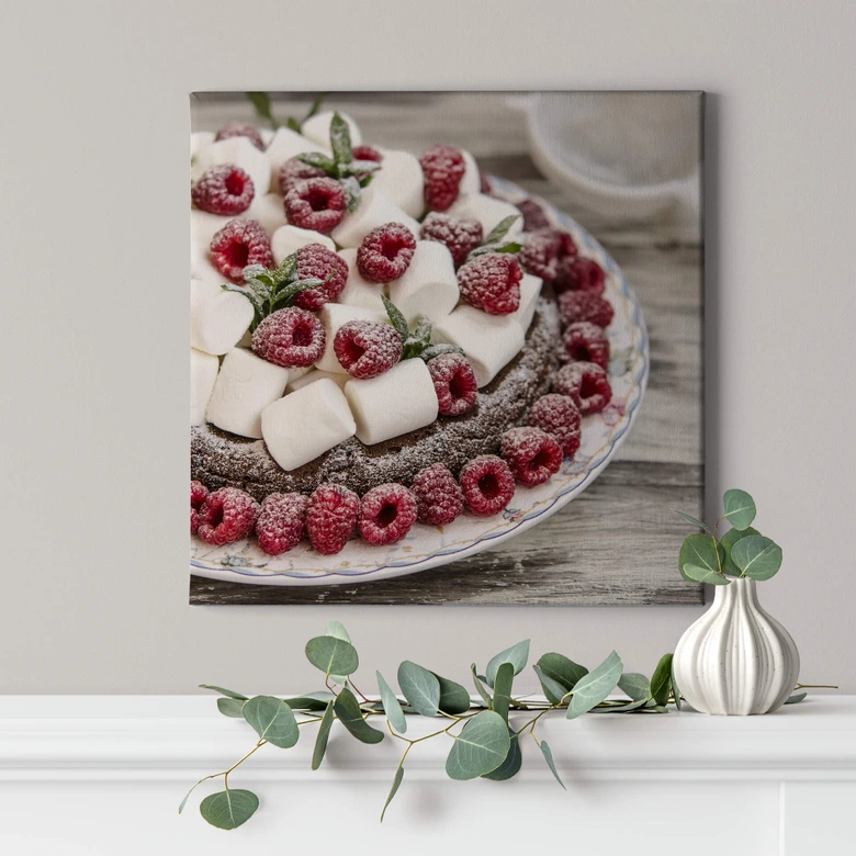 Leinwandbild Himbeeren und Marshmallows - Quadratisch 