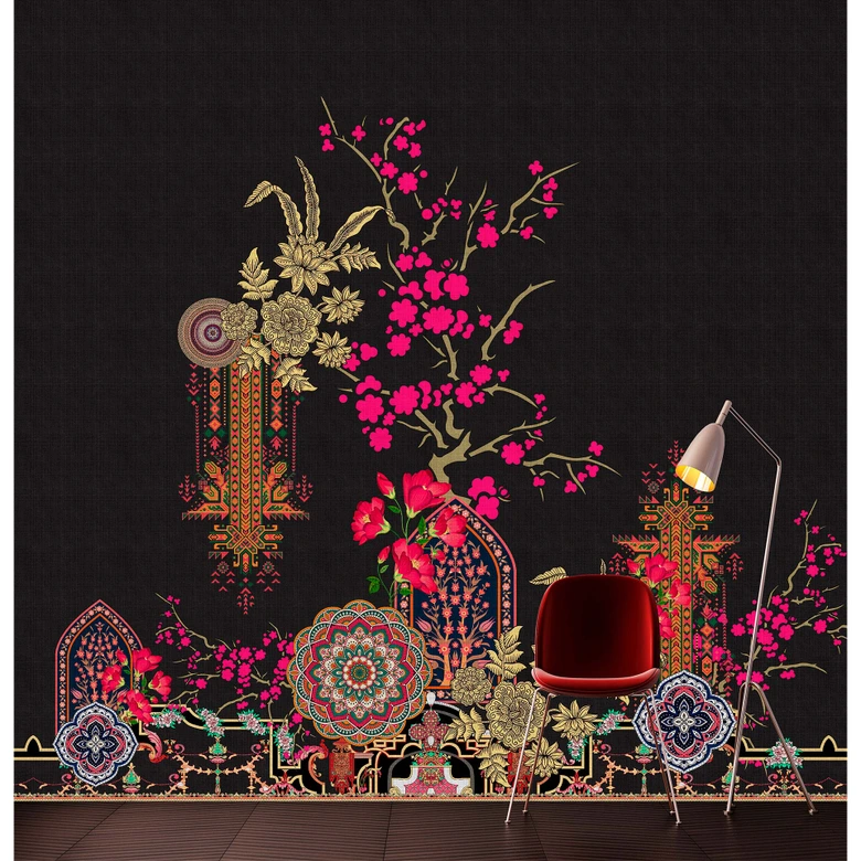 Livingwalls Fototapete Walls by Patel 3 Oriental Garden 2 schwarz, pink, gelb, orange, grün 