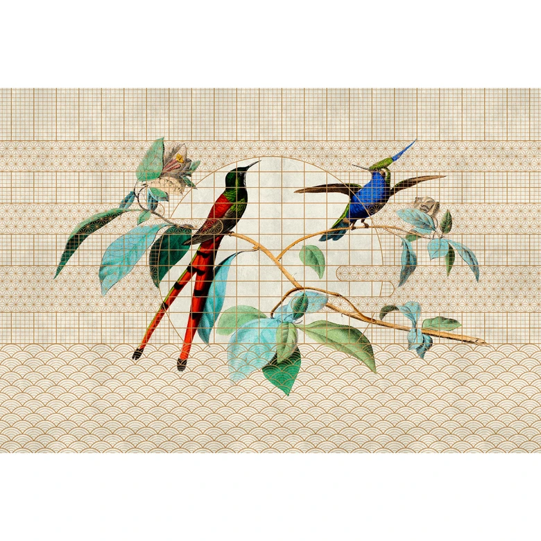 Fotomural Paredes de Patel 3 Volière 2 naranja, beige, verde, rojo, azul 