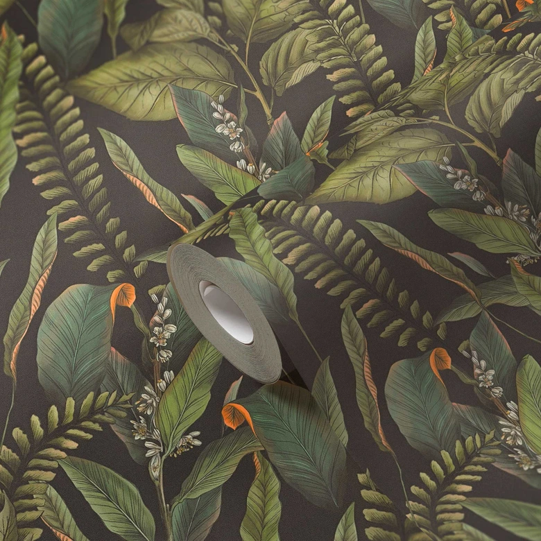 Dschungel-Tapete Schwarz Grün - Vliestapete floral mit Blättern und Blüten 