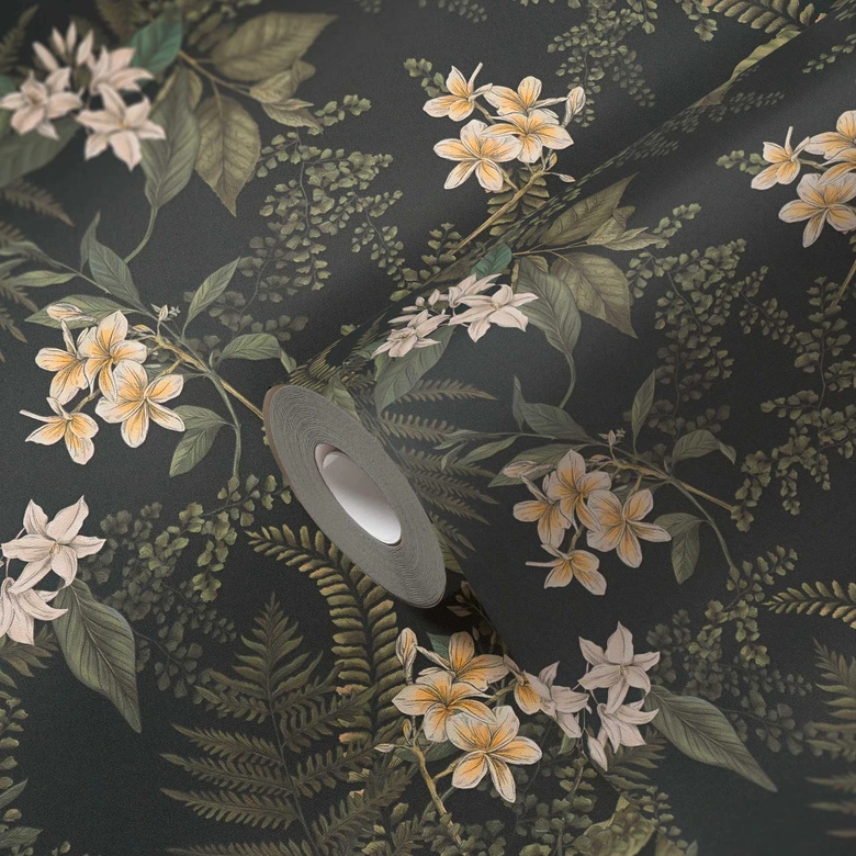 Pflanzen-Tapete mit Blüten Schwarz Grün - Vliestapete mit Blumen floral 