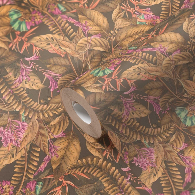 Tapet med djungelmotiv brun beige - non-woven tapet med blommor i blått lila 