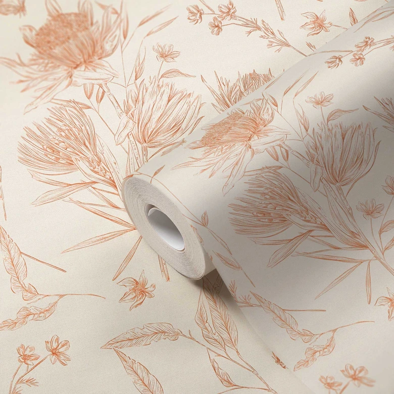 Tapete mit gezeichneten Blüten Weiß Beige - Vliestapete floral mit Blumen 