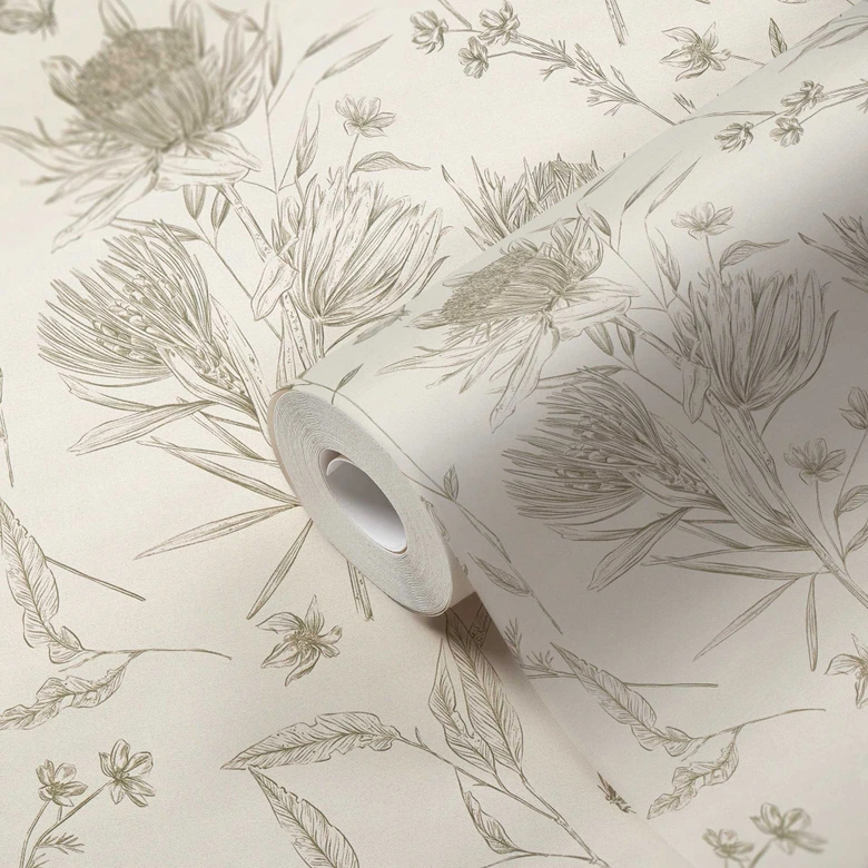 Tapete mit gezeichneten Blüten Weiß Schwarz - Vliestapete floral mit Blumen 