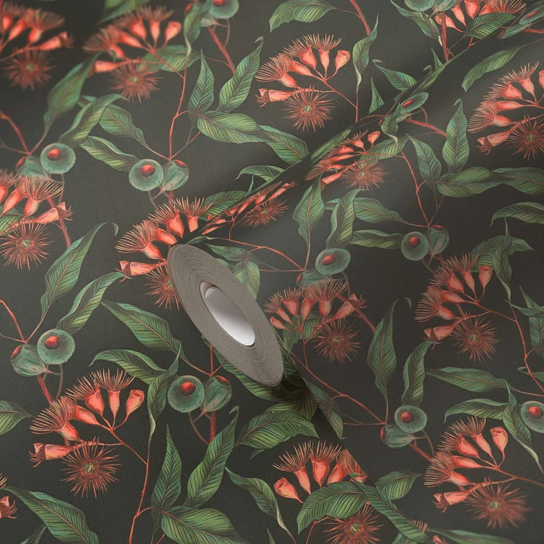 Blumen-Tapete mit Olivenzweigen Grün Schwarz - Florale Vliestapete mit Oliven 