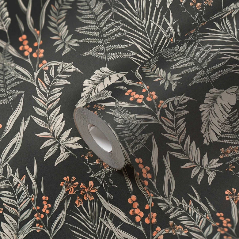 Dschungel-Mustertapete mit Gräsern Schwarz-Weiß - Tapete mit Blüten orange 
