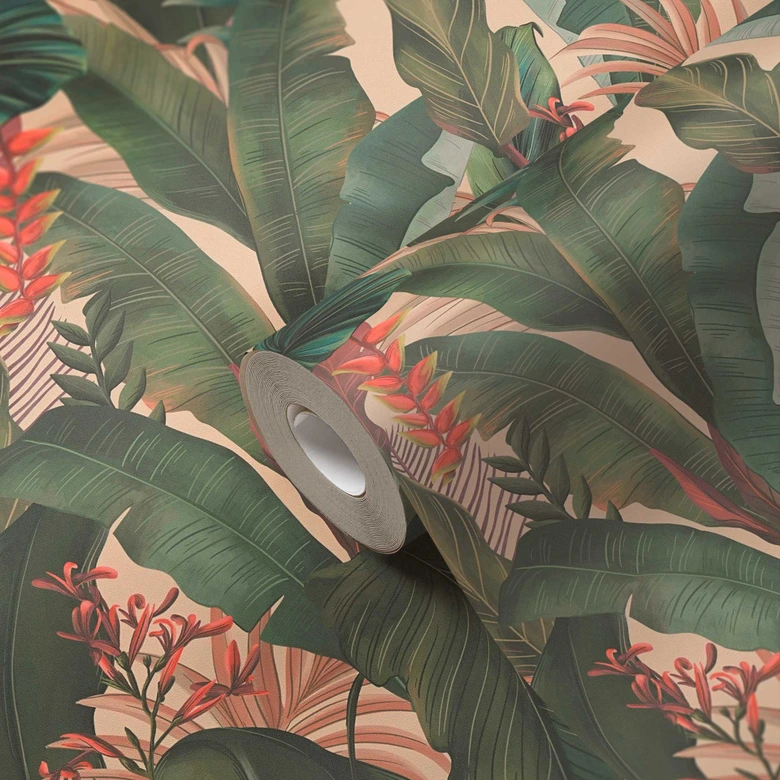 palmblad behang beige groen - bloemen vliesbehang jungle motief 