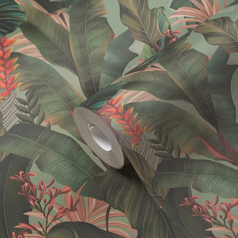 Tapete mit Palmenblättern Hellgrün Rot - Florale Vliestapete Dschungel-Motiv 