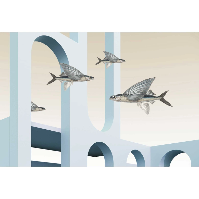 Obra de arte moderna con peces voladores - Fotomural en tonos azules 