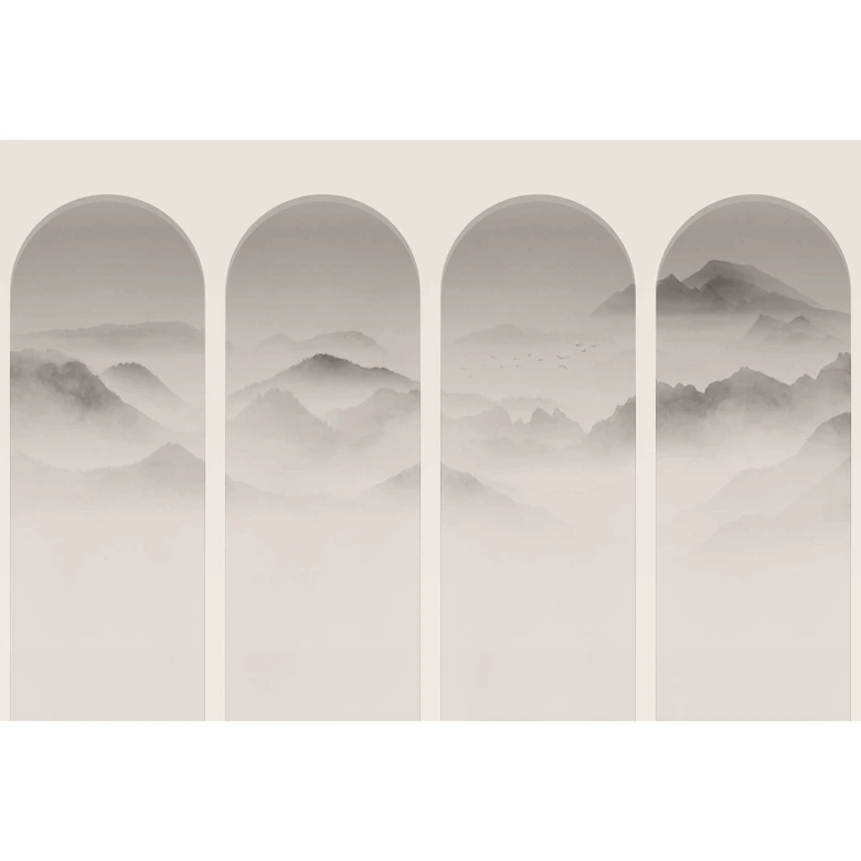 Fensterblick-Fototapete mit Bergpanorama in Graustufen - Vliestapete 