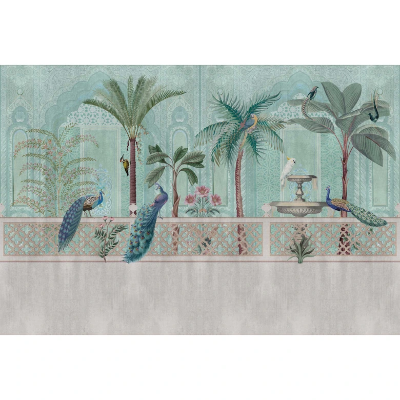 Fototapete Orientalische Garten mit Pfauen - Elegante Vliestapete in Pastell 