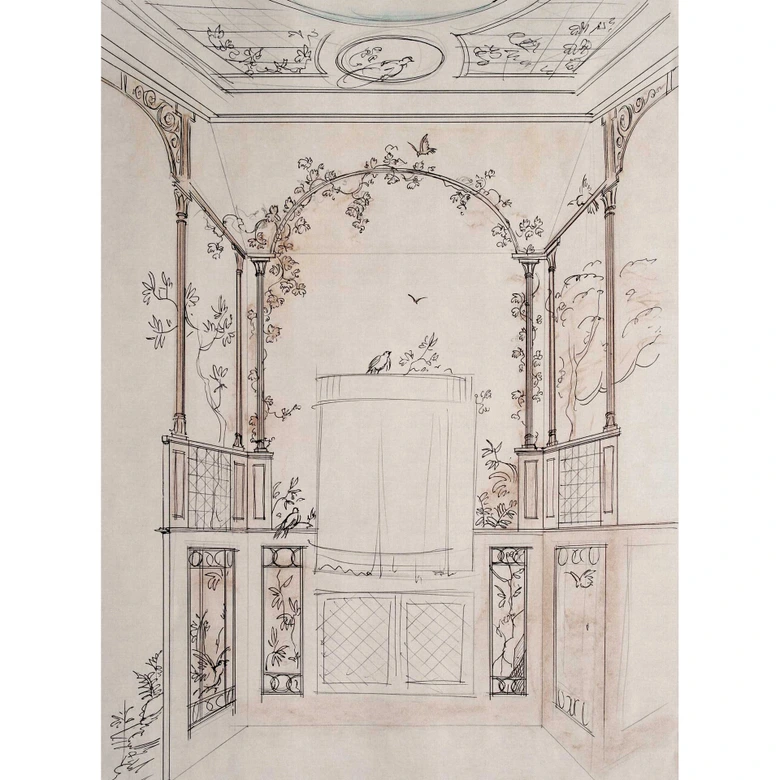 Geschetst architectuurbehang met tuinmotief - kunstzinnig vliesbehang 