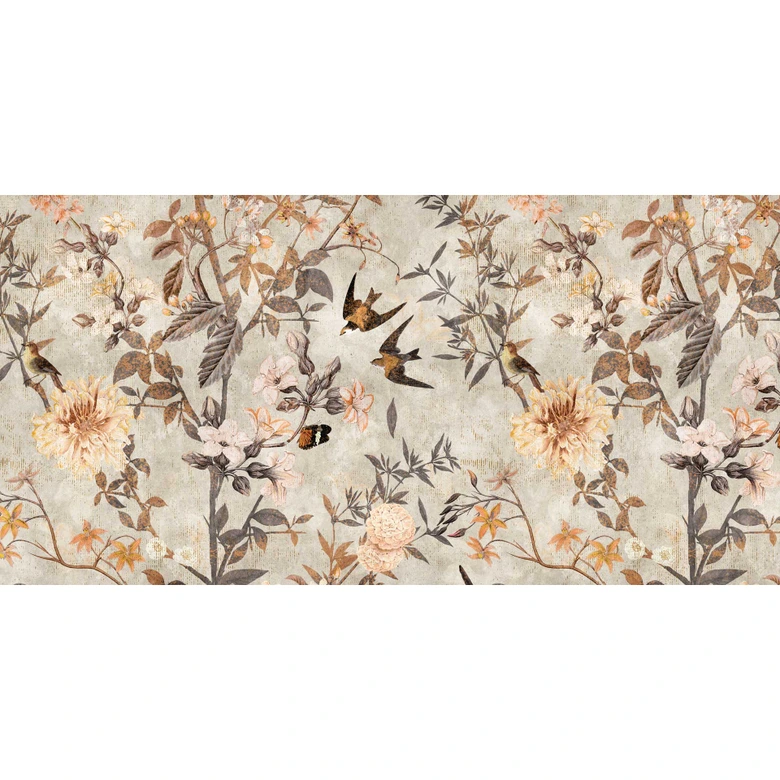 Botanisch fotobehang met vogels - Antiek vliesbehang design 