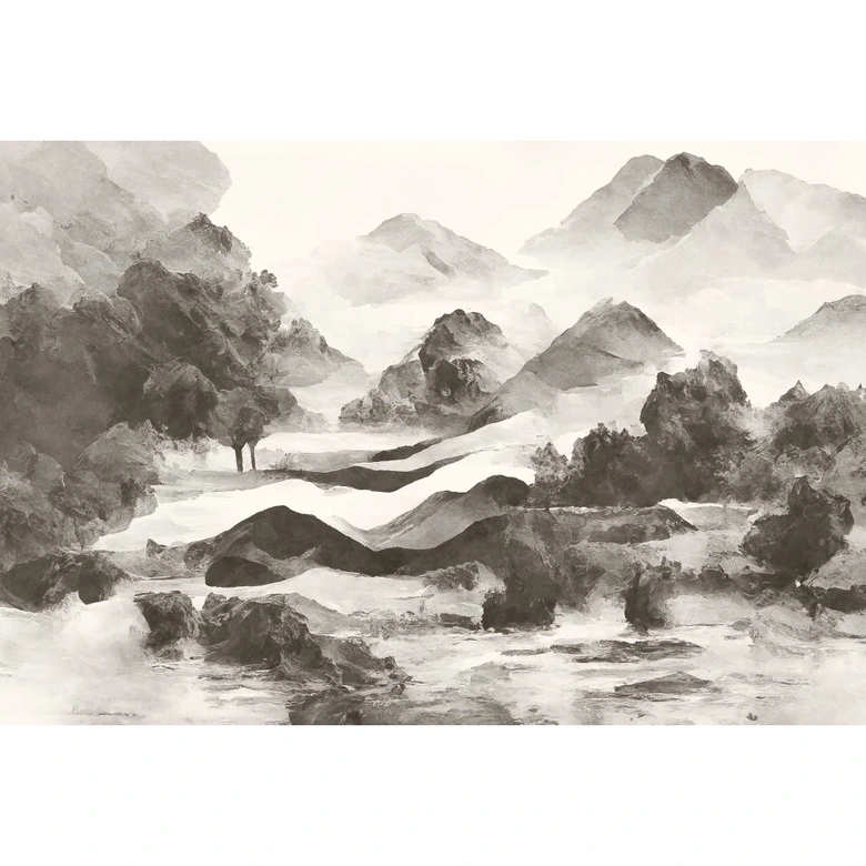 Monochrome Berglandschaft Tapete - Kunstvolle Aquarell Optik 