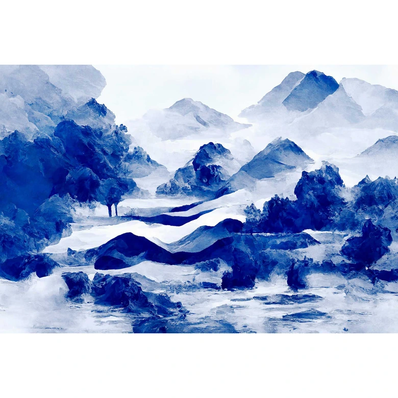 Blautöne Aquarell Bergpanorama Tapete - Künstlerische Vliestapete 