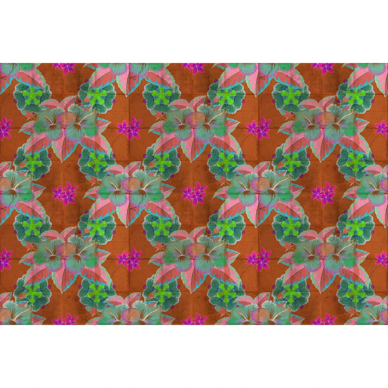 Tropische Blumen-Fototapete - Türkis & Pink auf Terrakotta - Vlies 
