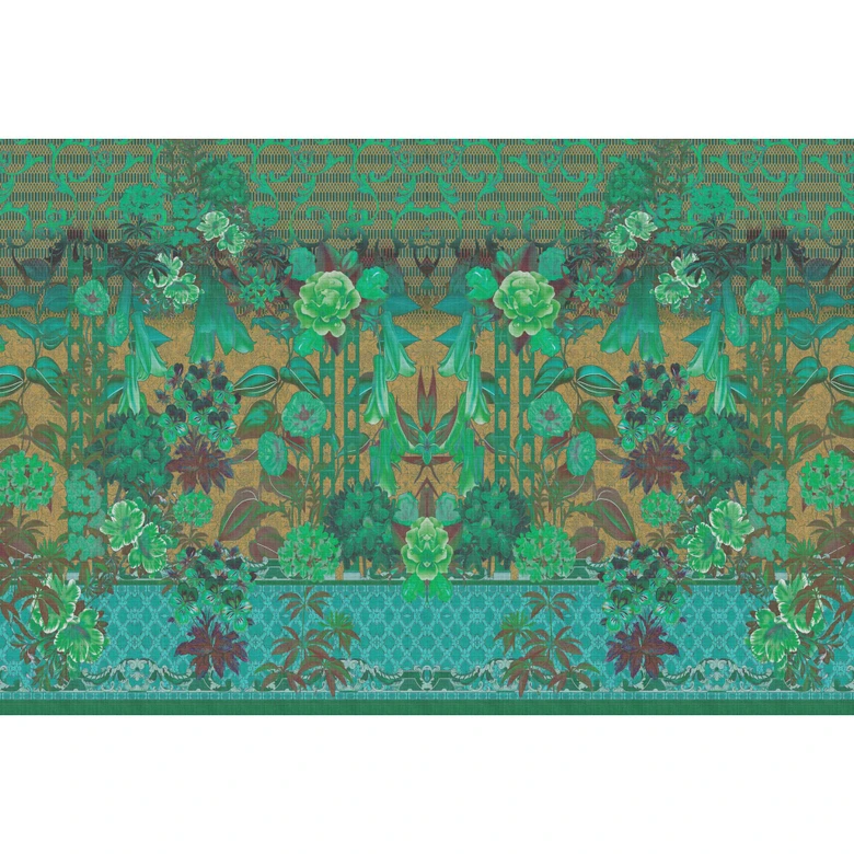 Papel pintado Clásico Vintage Floral - acentos verdes sobre dorado - no tejido 