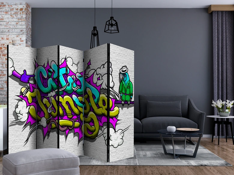 Paravent, Raumteiler freistehend, Trennwand - Graffiti - Großstadtdschungel , 5-teilig - 225x172 cm 