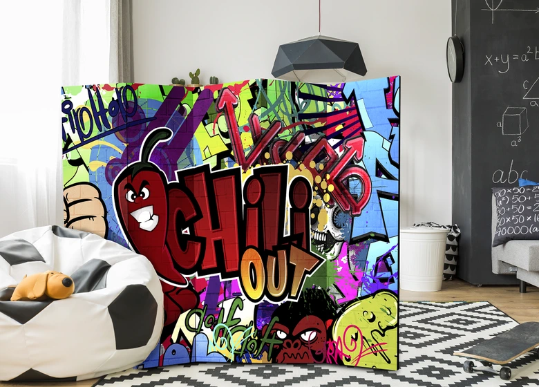Paravent, Raumteiler freistehend, Trennwand - Graffiti - Chili aus, 5-teilig - 225x172 cm 