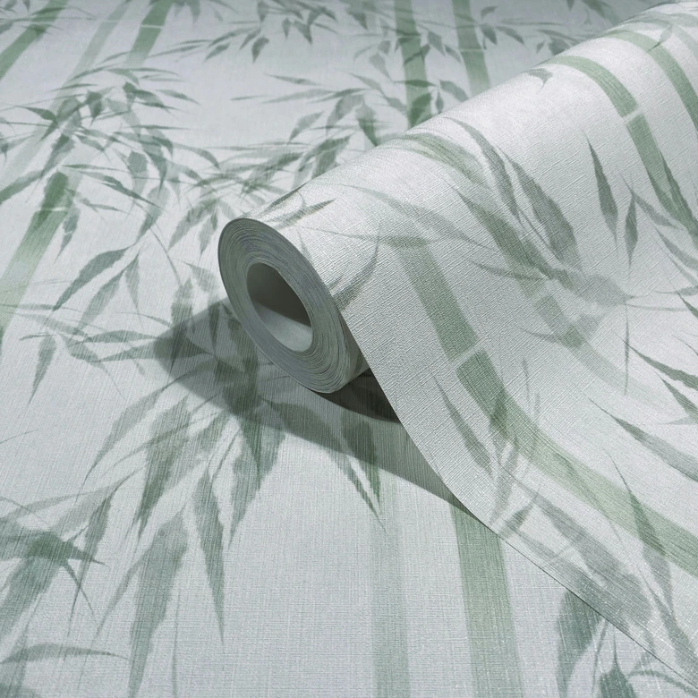 Non-woven tapet i grönt bambublad blommig natur  