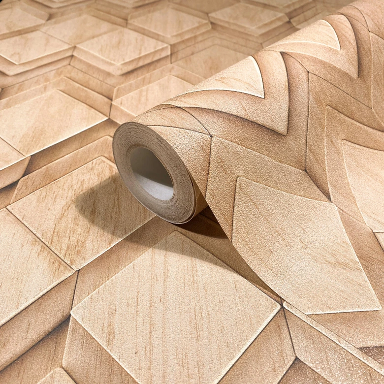 Vliestapete in beige, braun Rauten Illusion 3D-Optik Modern  