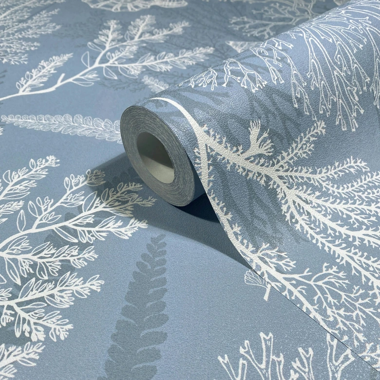 Papier peint intissé en blanc, bleu coquillages sous-marins graphique nature  