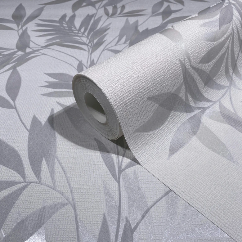 Non-woven tapet i vitt, grått bladmotiv bladlook blommig natur  