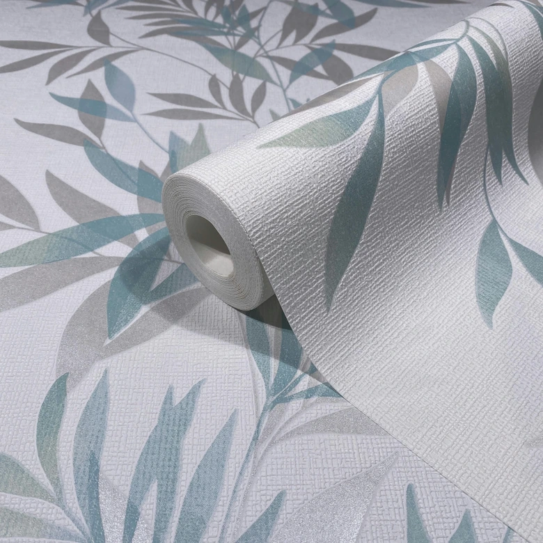 Vliestapete in weiß, grün Blattmotiv Blätteroptik Floral Natur  