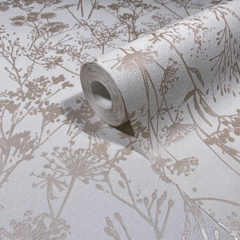 Papier peint intissé en blanc, beige motif feuilles floral nature  