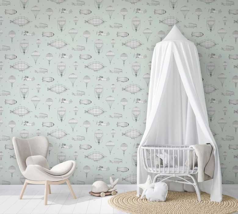 Børnetapet, non-woven tapet med illustration Kids Walls grøn, hvid  