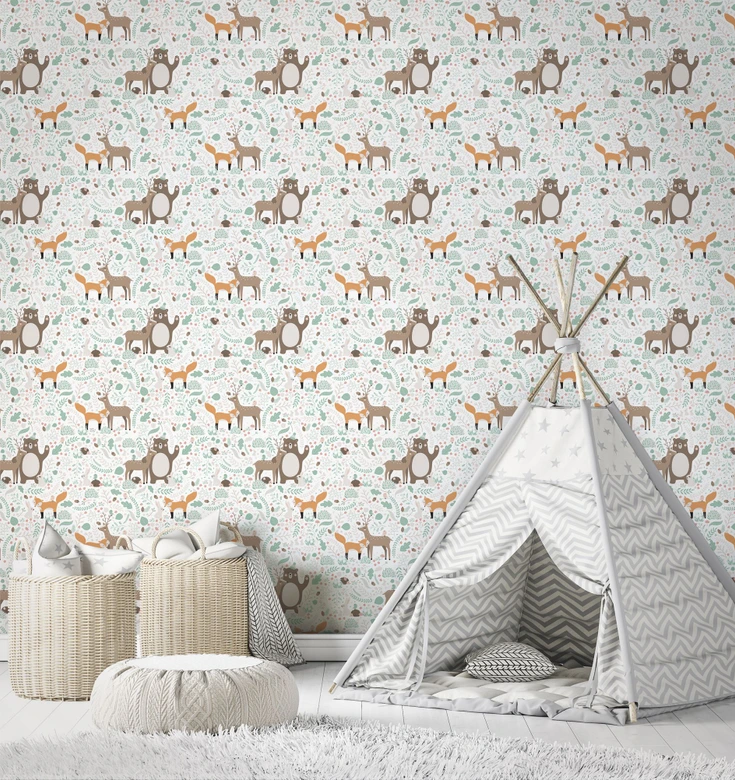 Kindertapete, Vliestapete mit Illustration Kids Walls weiß, grün, braun 