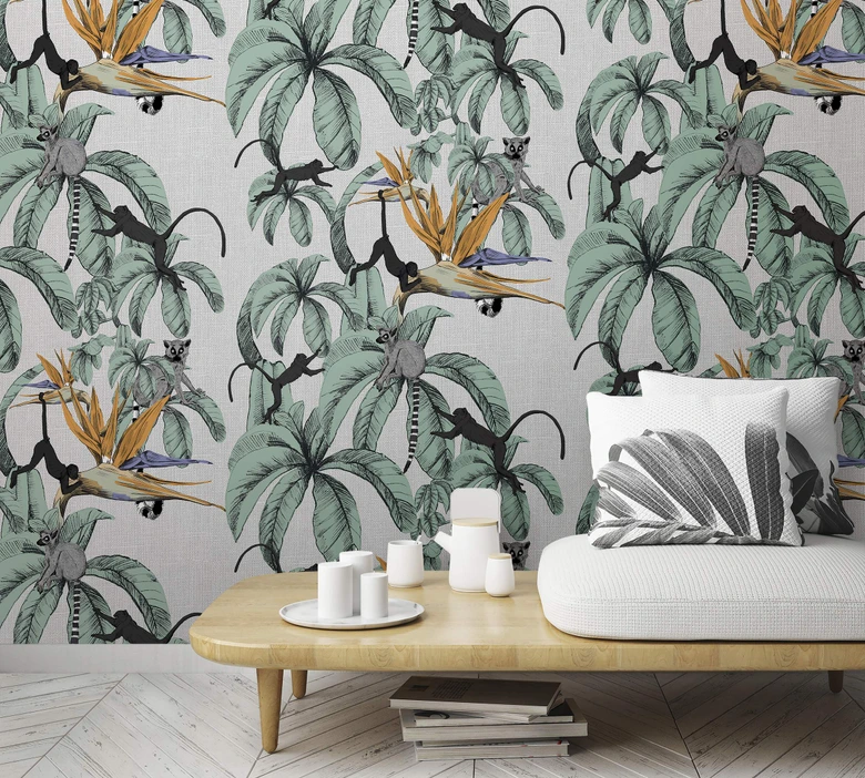 Fotobehang met apen en planten, grijs illustratie 3.40 x 2.12 m 