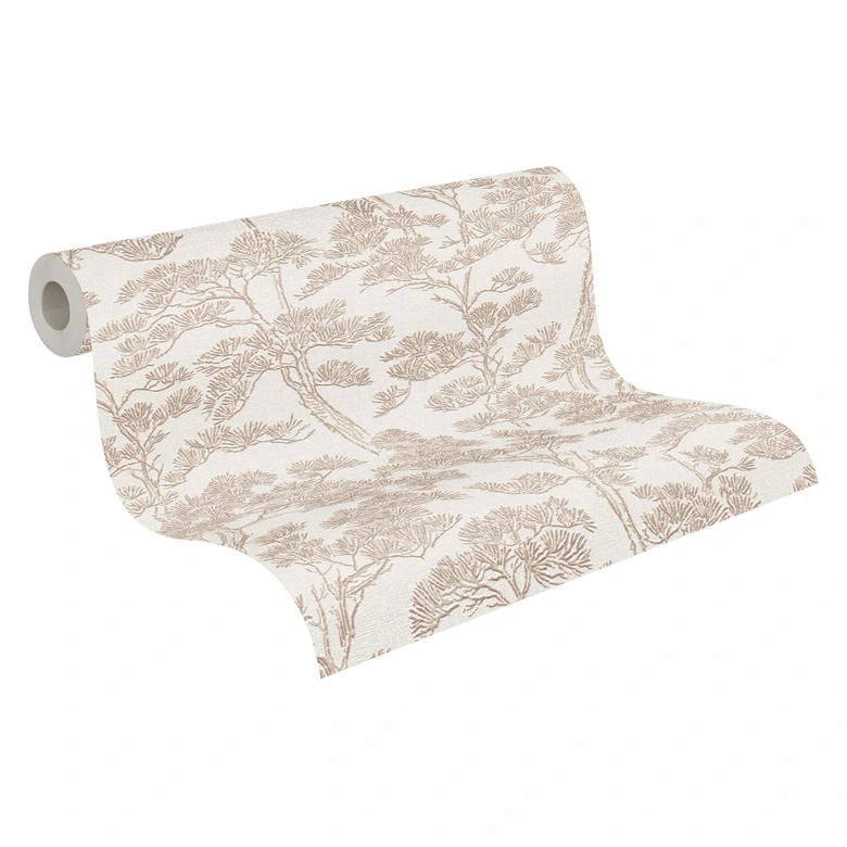 Papel pintado no tejido Lin Zen Branches beige blanco con ramas asiatico - arboles marrones papel pintado bosque ramas 