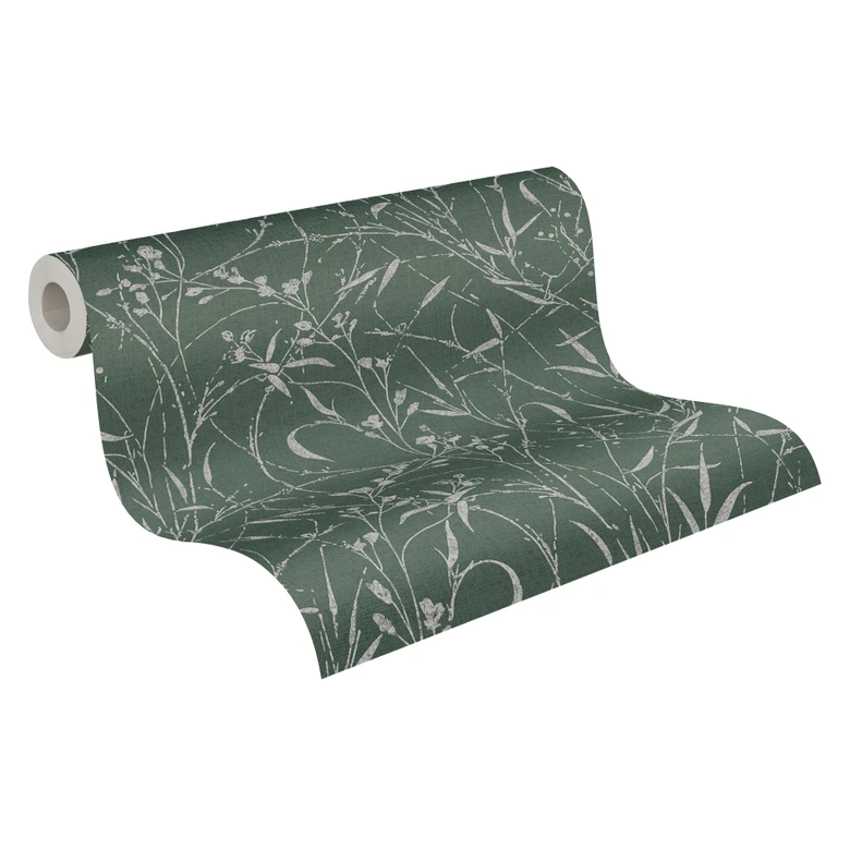 Non-woven wallpaper Fee Wild Free green gray metallic - grasses wildflowers living room bedroom 