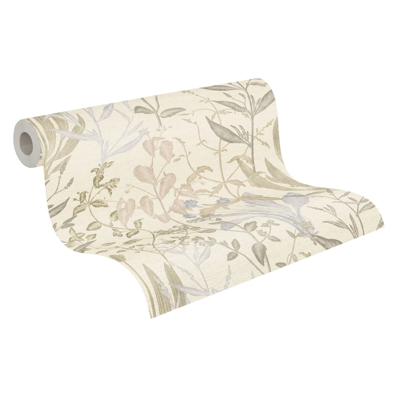 Vliestapete Elodie Maison Botanique creme grün blau - grau Blätter Gräser Kräuter Wohnzimmer 