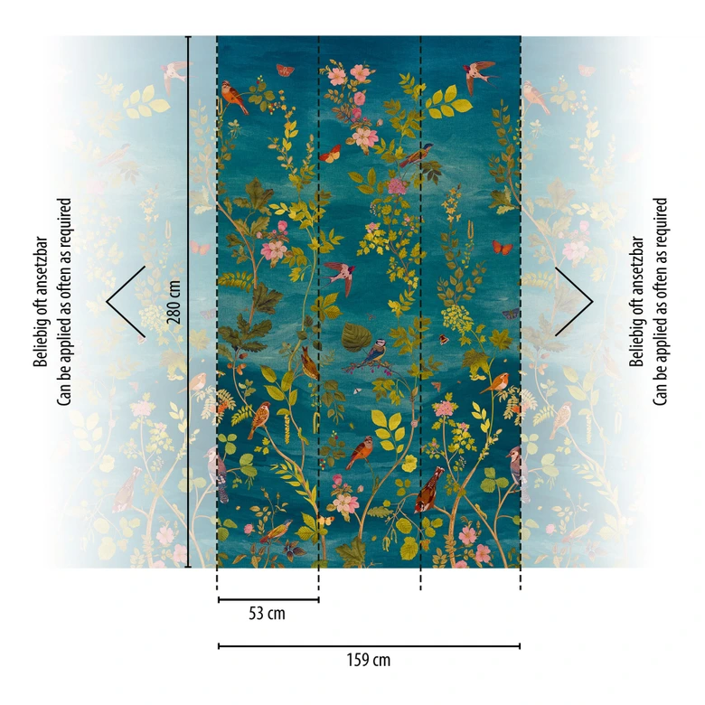 Vlies Fototapete Blätterranken Vögel Blau Grün Rosa matt erweiterbar 1,59 x 2,80 m Wandbild 