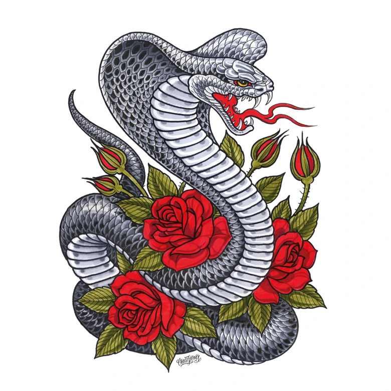 Wandtattoo Miami Ink Kobra mit Rosen 