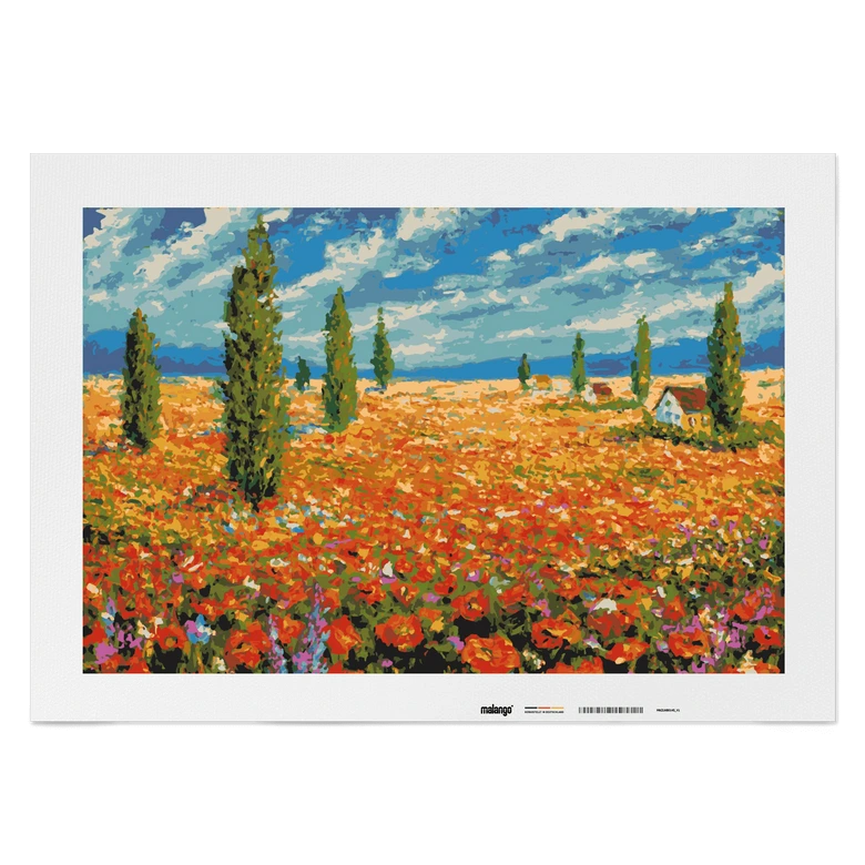 Malen nach Zahlen Leinwandbild - Blumen Landschaft mit Zypressen  