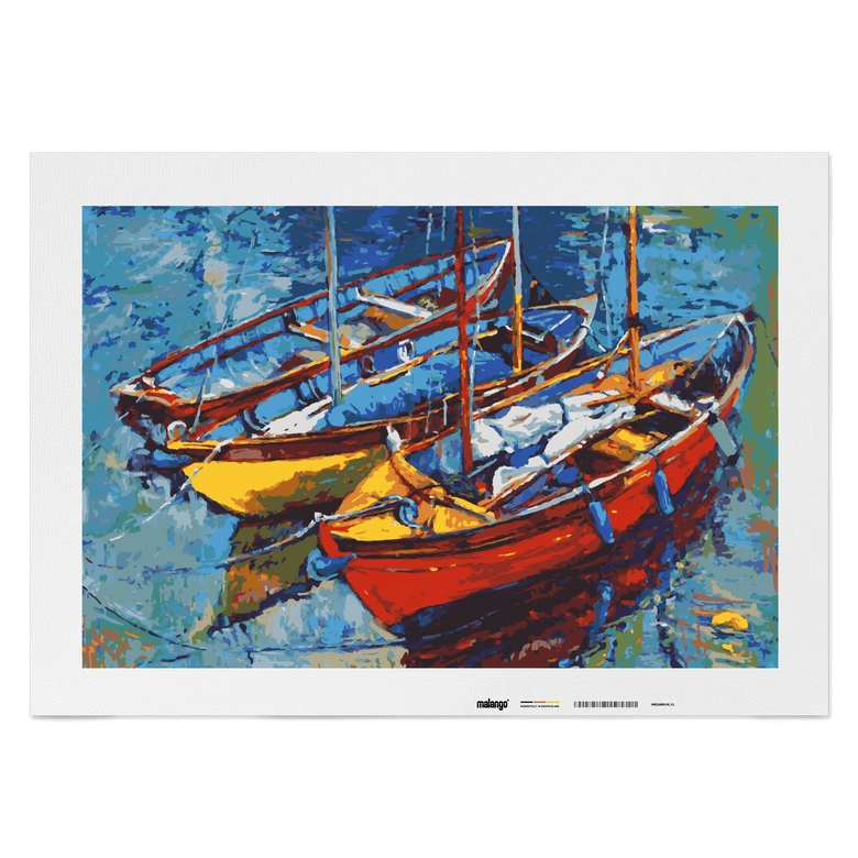 Malen nach Zahlen Leinwandbild - Segelboote im farbenfrohen Hafen  