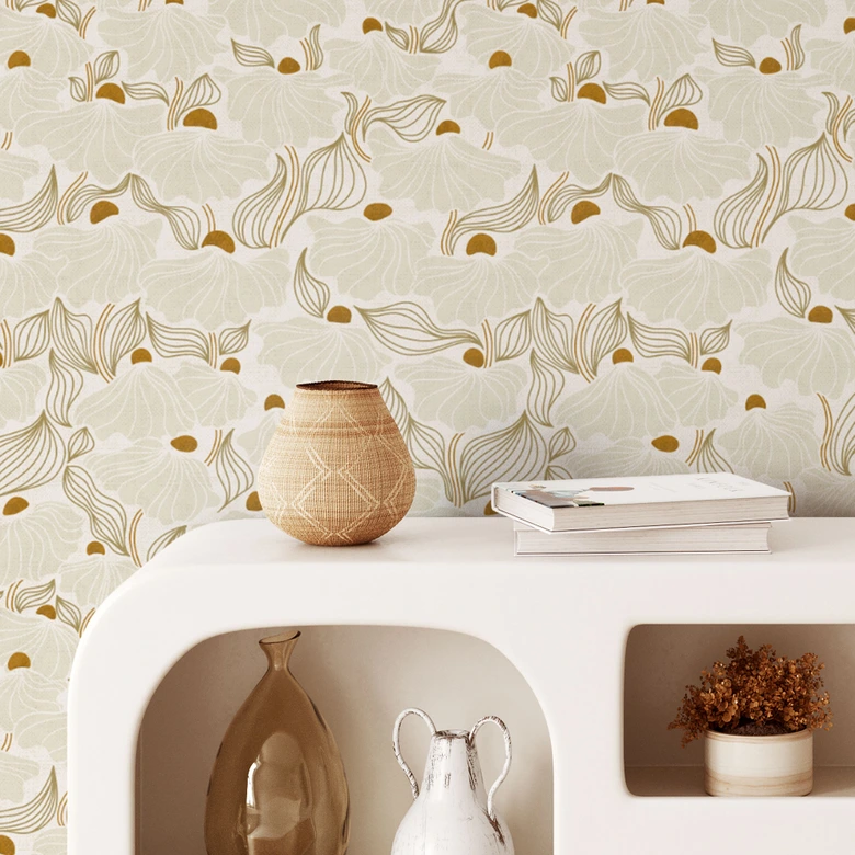 Mustertapete Minimalistische Blüten in Creme und Gold | Florale Vliestapete - Annick 