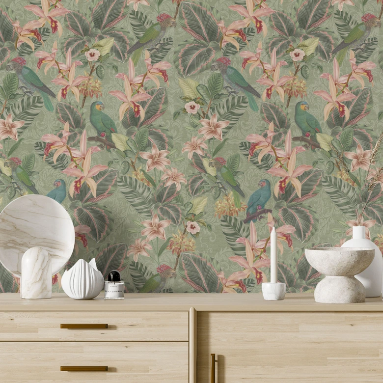 Patterned Wallpaper Jungle with Parrots Green - Bloomery Decor 
