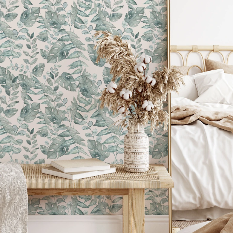 Tapet med mønster planter - jungleblade akvarel creme - Bloomery Decor 